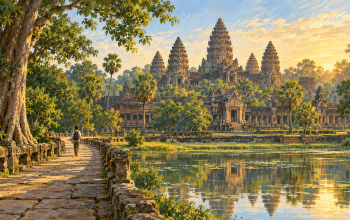 An imagined view of Angkor-inspired temple towers reflected in water, with an adult visitor walking along a tree-lined stone path.