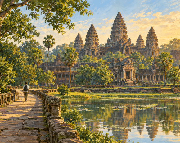 An imagined view of Angkor-inspired temple towers reflected in water, with an adult visitor walking along a tree-lined stone path.