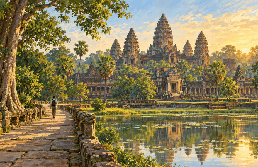An imagined view of Angkor-inspired temple towers reflected in water, with an adult visitor walking along a tree-lined stone path.