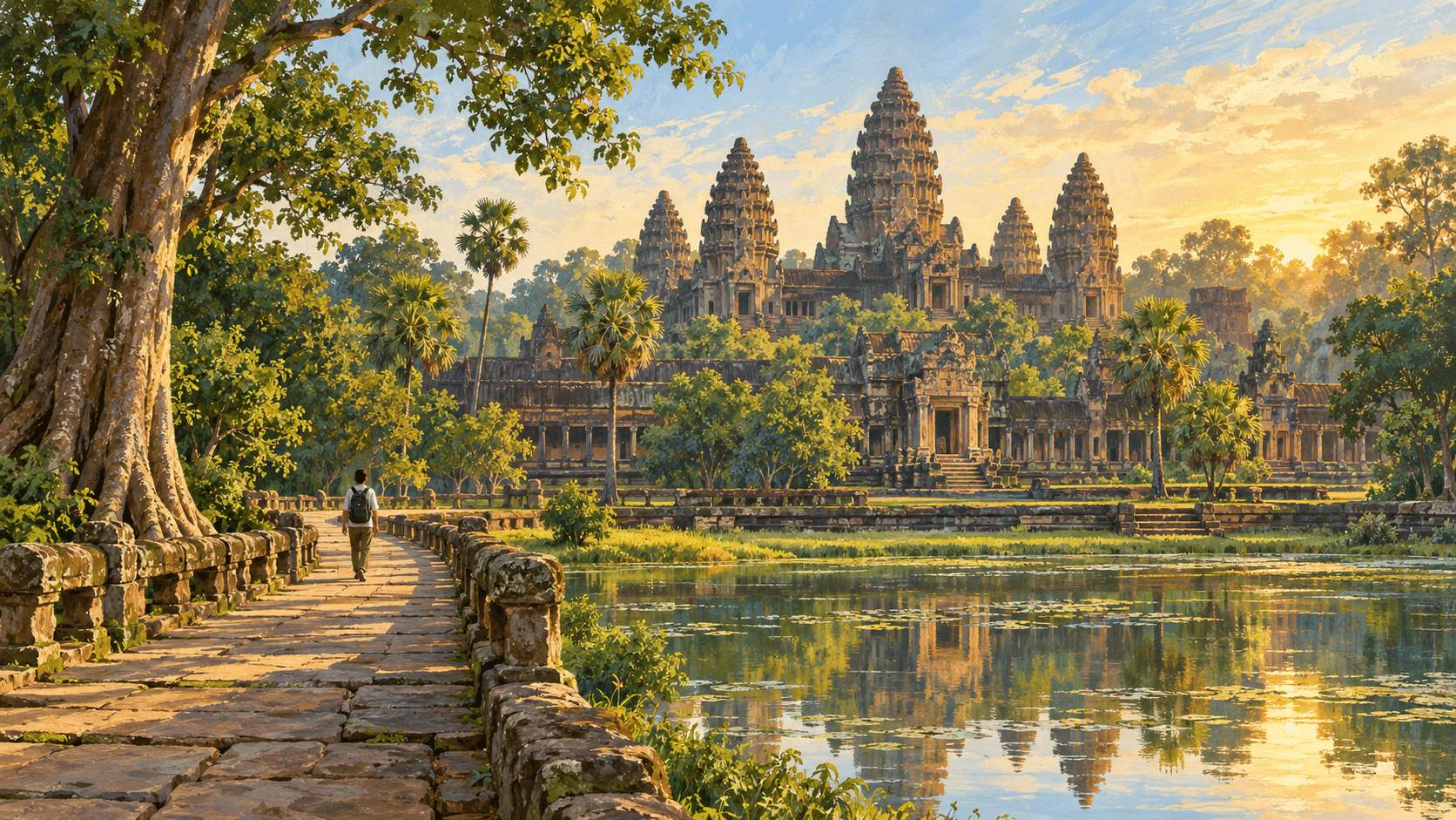 An imagined view of Angkor-inspired temple towers reflected in water, with an adult visitor walking along a tree-lined stone path.