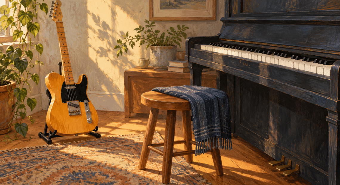 An electric guitar on a stand beside an upright piano and wooden stool in a warmly lit room.