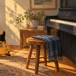 An electric guitar on a stand beside an upright piano and wooden stool in a warmly lit room.