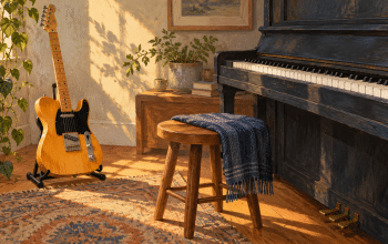 An electric guitar on a stand beside an upright piano and wooden stool in a warmly lit room.