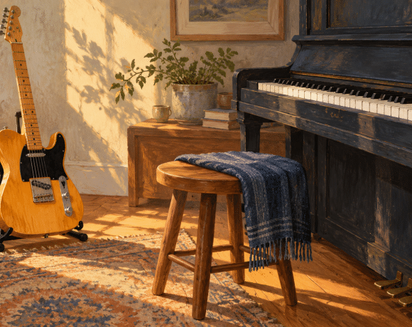An electric guitar on a stand beside an upright piano and wooden stool in a warmly lit room.