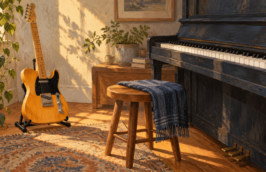 An electric guitar on a stand beside an upright piano and wooden stool in a warmly lit room.