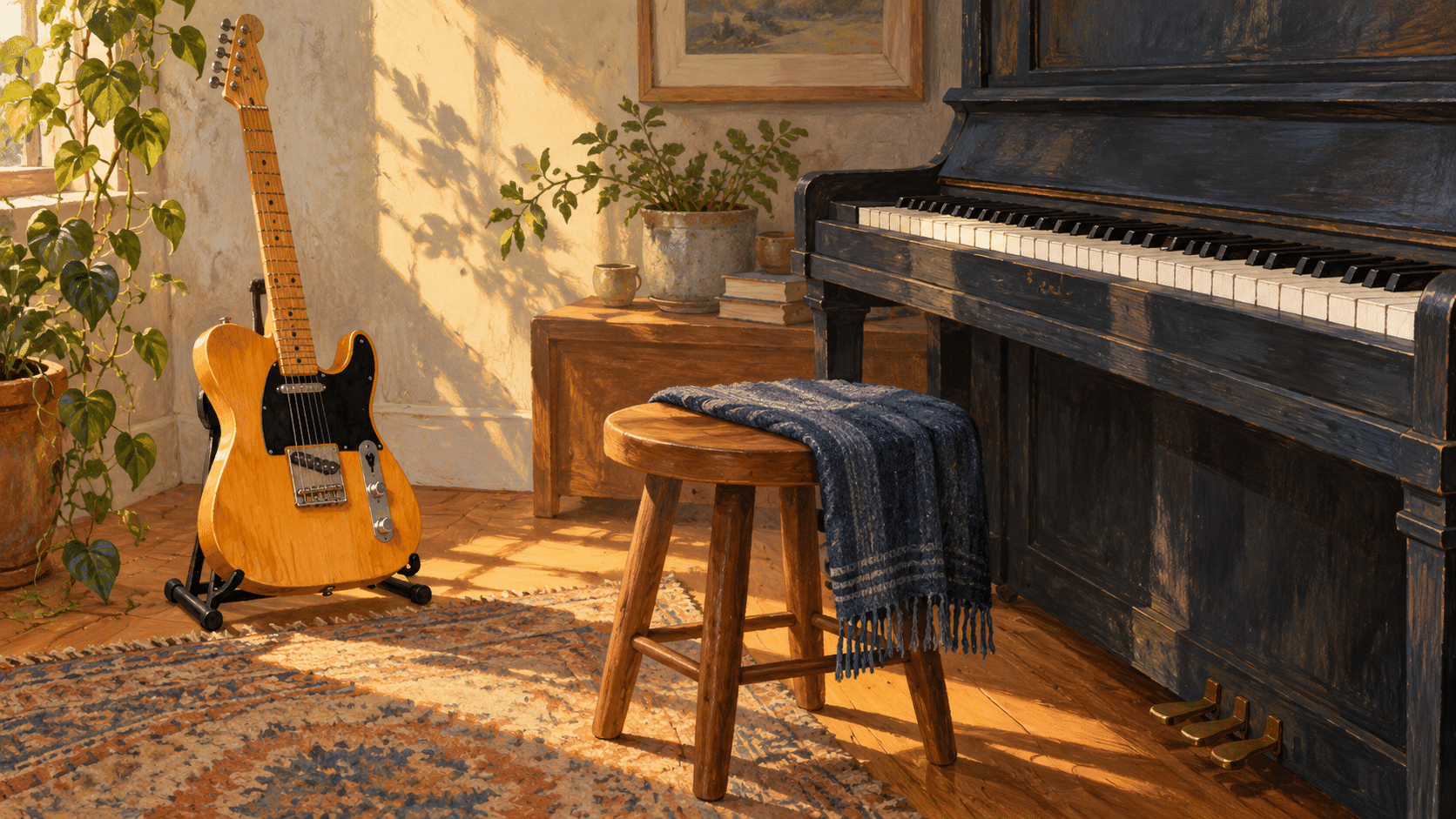 An electric guitar on a stand beside an upright piano and wooden stool in a warmly lit room.