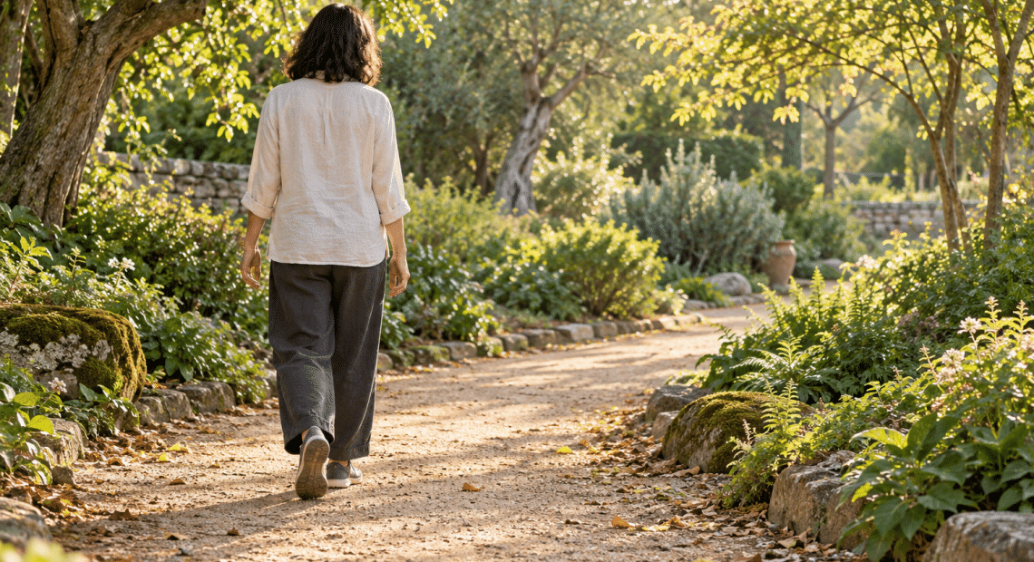 An adult in a light linen shirt walks along a shaded garden path under leafy trees in warm sunlight.