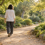 An adult in a light linen shirt walks along a shaded garden path under leafy trees in warm sunlight.