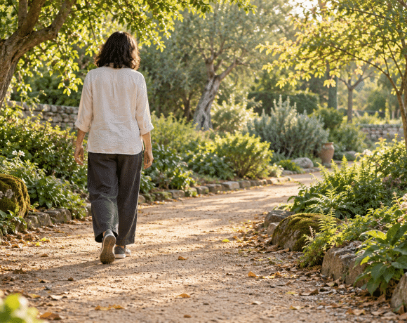 An adult in a light linen shirt walks along a shaded garden path under leafy trees in warm sunlight.