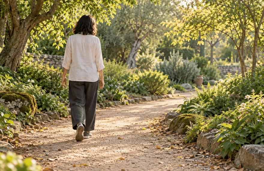 An adult in a light linen shirt walks along a shaded garden path under leafy trees in warm sunlight.