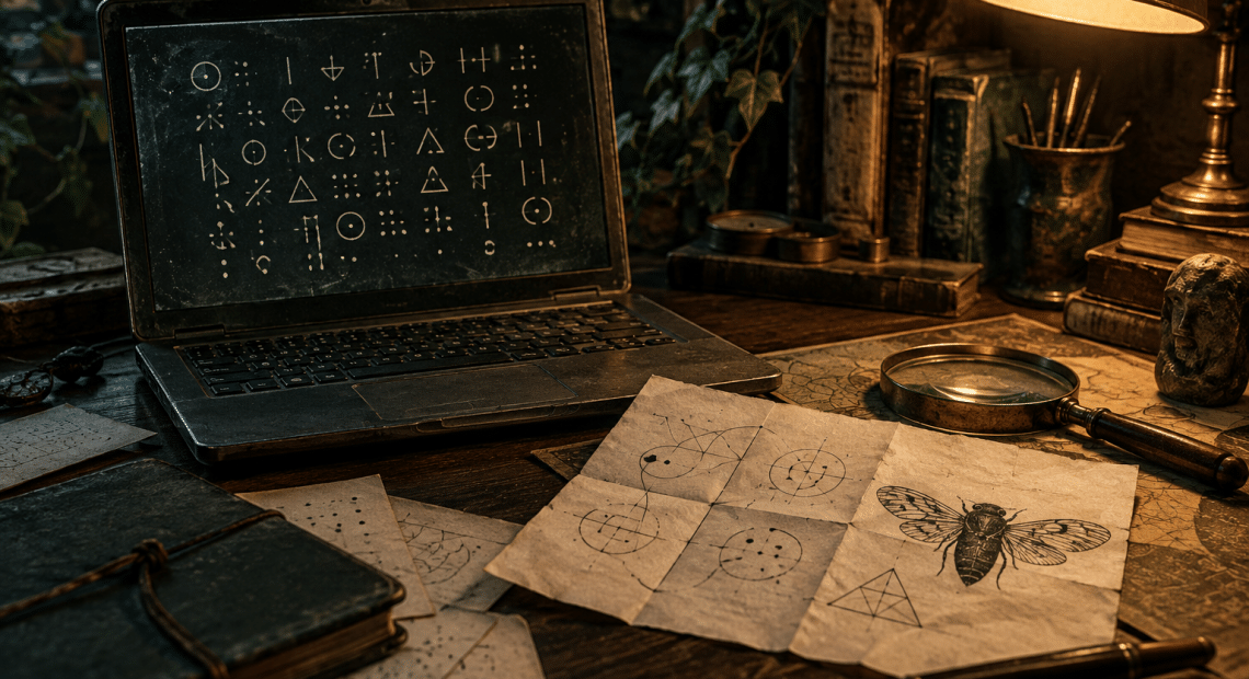 Laptop with an abstract cicada symbol beside handwritten cipher notes on a dark desk