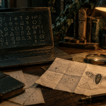 Laptop with an abstract cicada symbol beside handwritten cipher notes on a dark desk