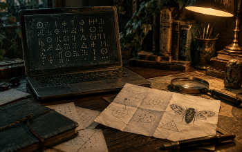 Laptop with an abstract cicada symbol beside handwritten cipher notes on a dark desk