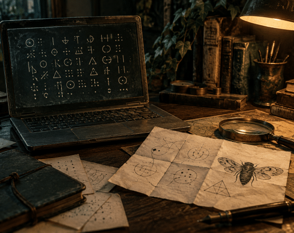 Laptop with an abstract cicada symbol beside handwritten cipher notes on a dark desk