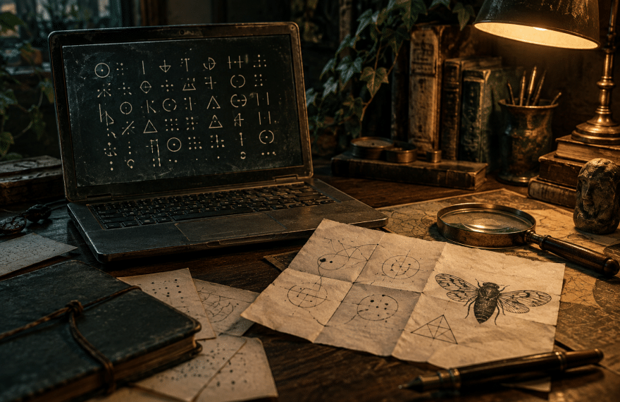Laptop with an abstract cicada symbol beside handwritten cipher notes on a dark desk