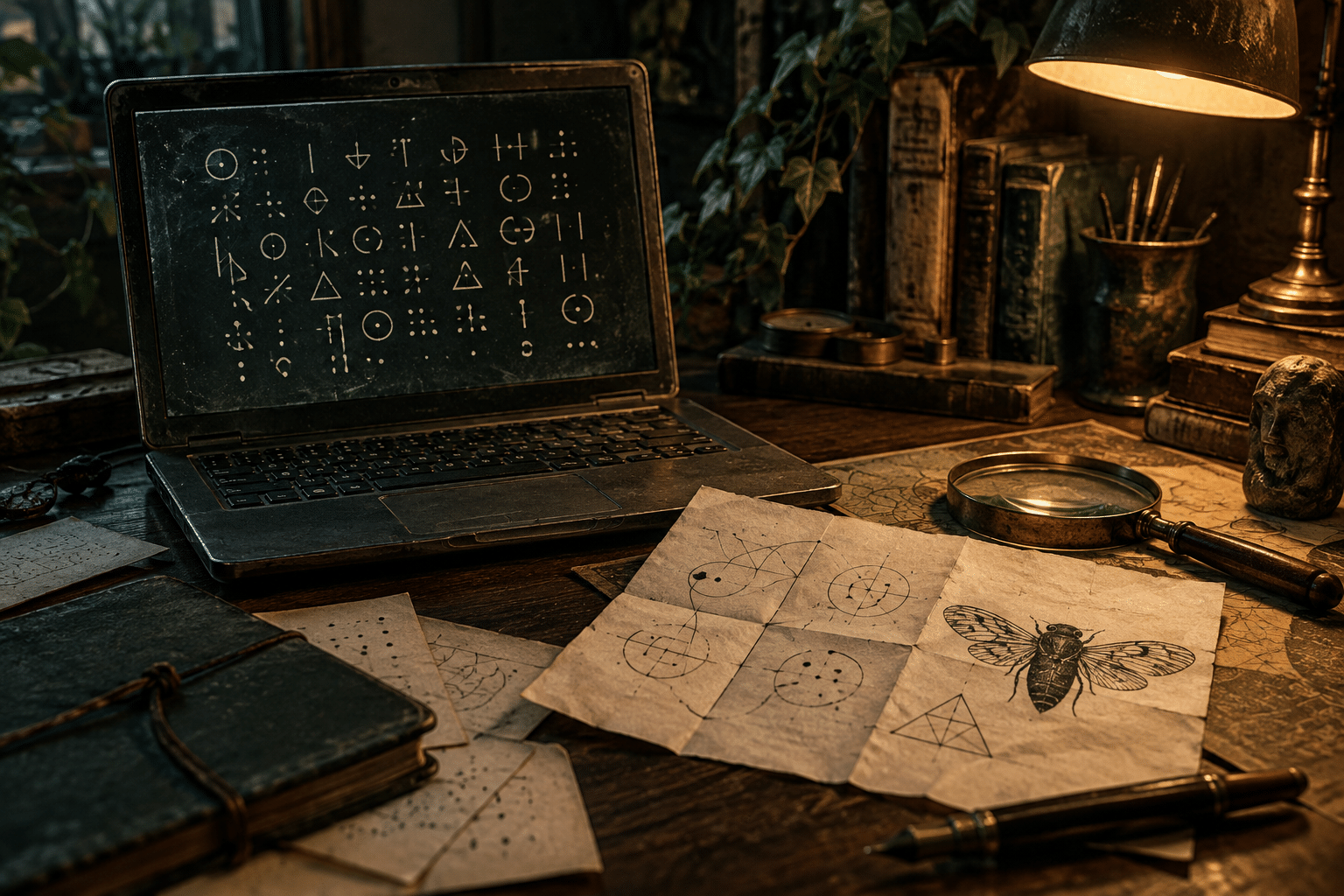 Laptop with an abstract cicada symbol beside handwritten cipher notes on a dark desk