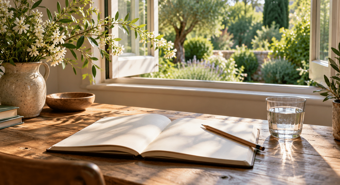 Open blank notebook and pencil beside a glass of water at a sunlit garden window