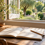 Open blank notebook and pencil beside a glass of water at a sunlit garden window