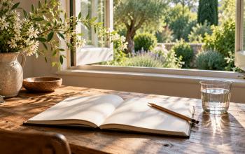 Open blank notebook and pencil beside a glass of water at a sunlit garden window