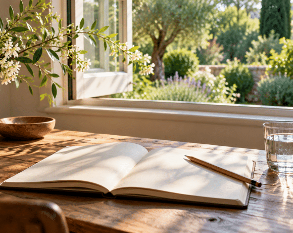 Open blank notebook and pencil beside a glass of water at a sunlit garden window