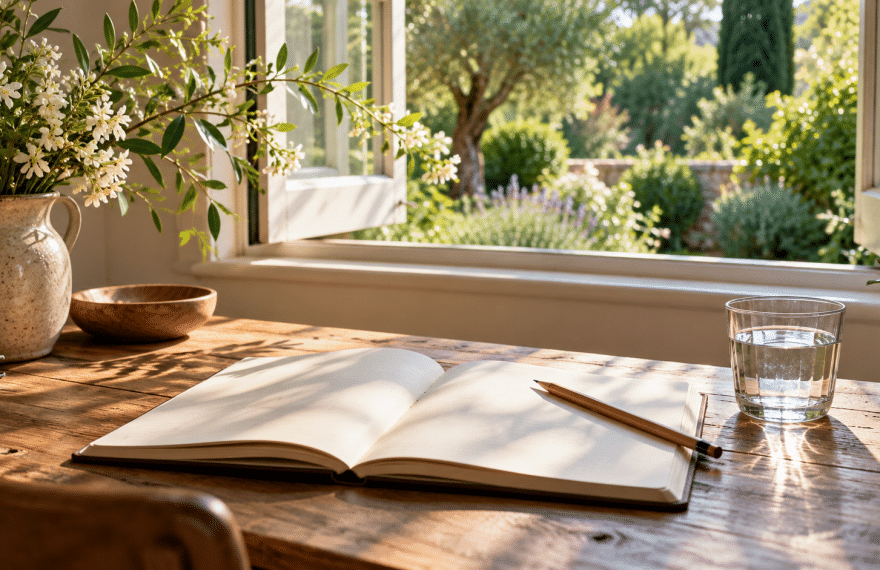 Open blank notebook and pencil beside a glass of water at a sunlit garden window