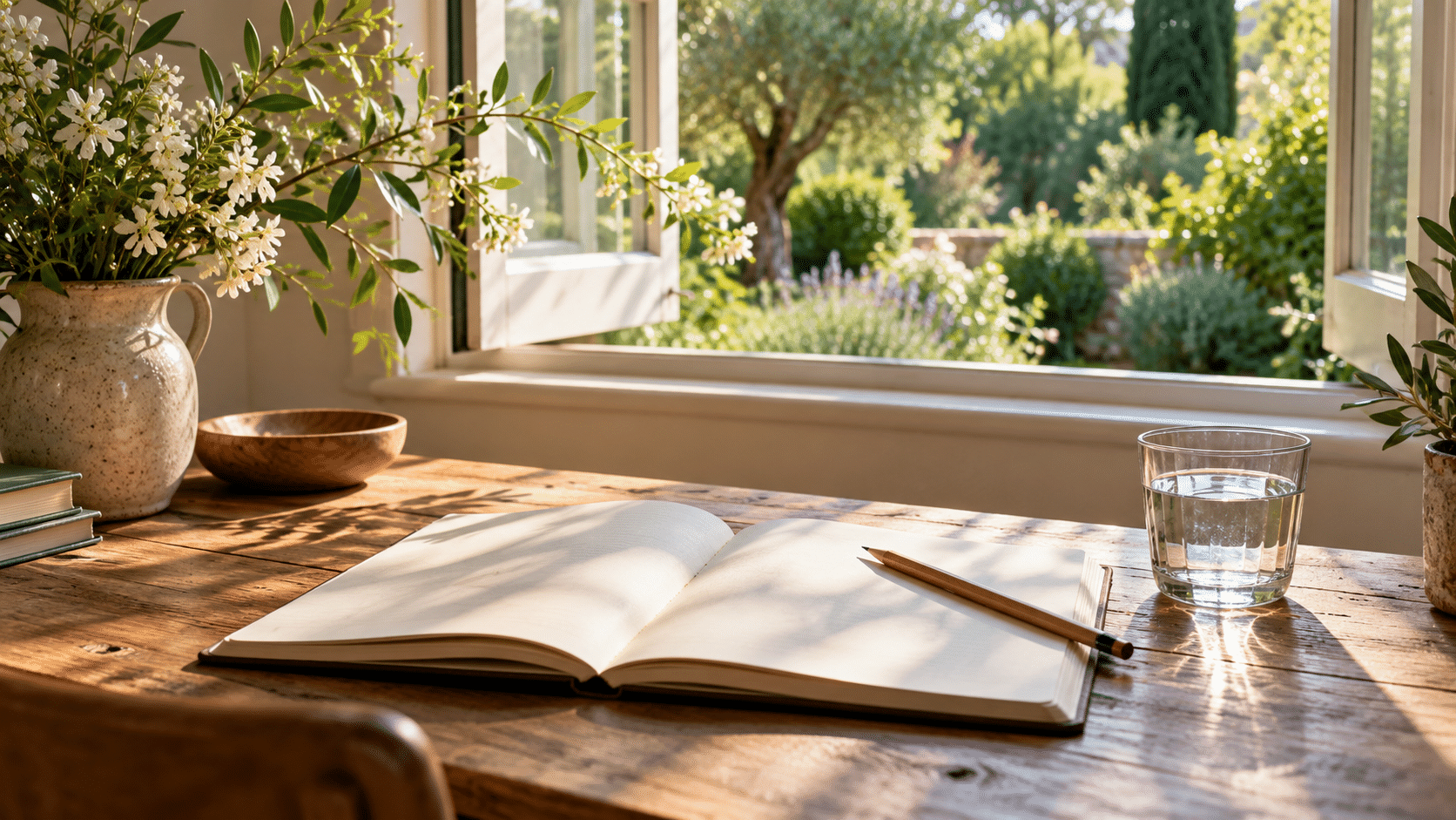 Open blank notebook and pencil beside a glass of water at a sunlit garden window