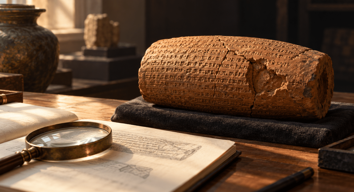 Conceptual clay cylinder beside a notebook and magnifying lens on a museum study table