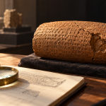 Conceptual clay cylinder beside a notebook and magnifying lens on a museum study table