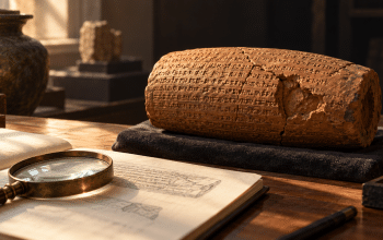 Conceptual clay cylinder beside a notebook and magnifying lens on a museum study table