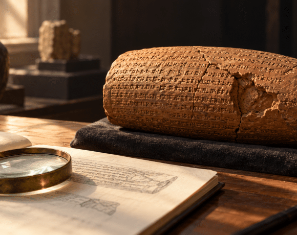 Conceptual clay cylinder beside a notebook and magnifying lens on a museum study table