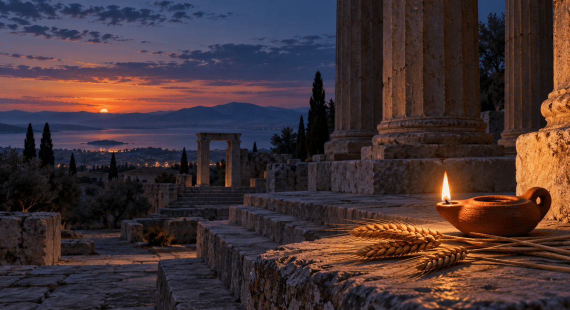 Terracotta oil lamp and stalks of grain beside ancient Greek stone columns at dusk