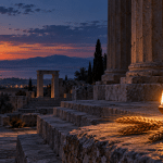Terracotta oil lamp and stalks of grain beside ancient Greek stone columns at dusk