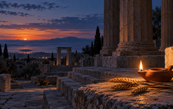 Terracotta oil lamp and stalks of grain beside ancient Greek stone columns at dusk
