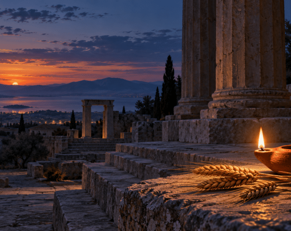 Terracotta oil lamp and stalks of grain beside ancient Greek stone columns at dusk