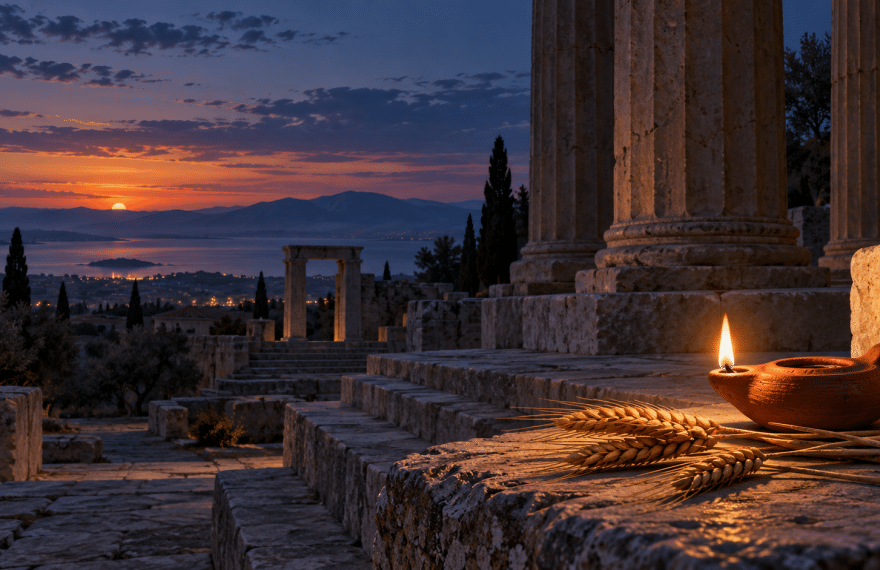 Terracotta oil lamp and stalks of grain beside ancient Greek stone columns at dusk