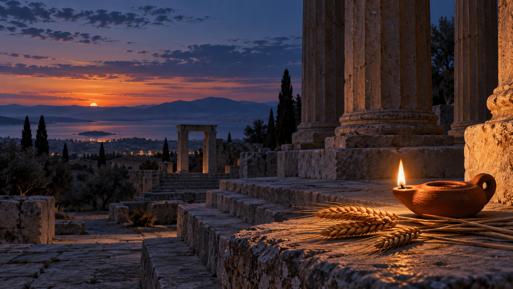 Terracotta oil lamp and stalks of grain beside ancient Greek stone columns at dusk