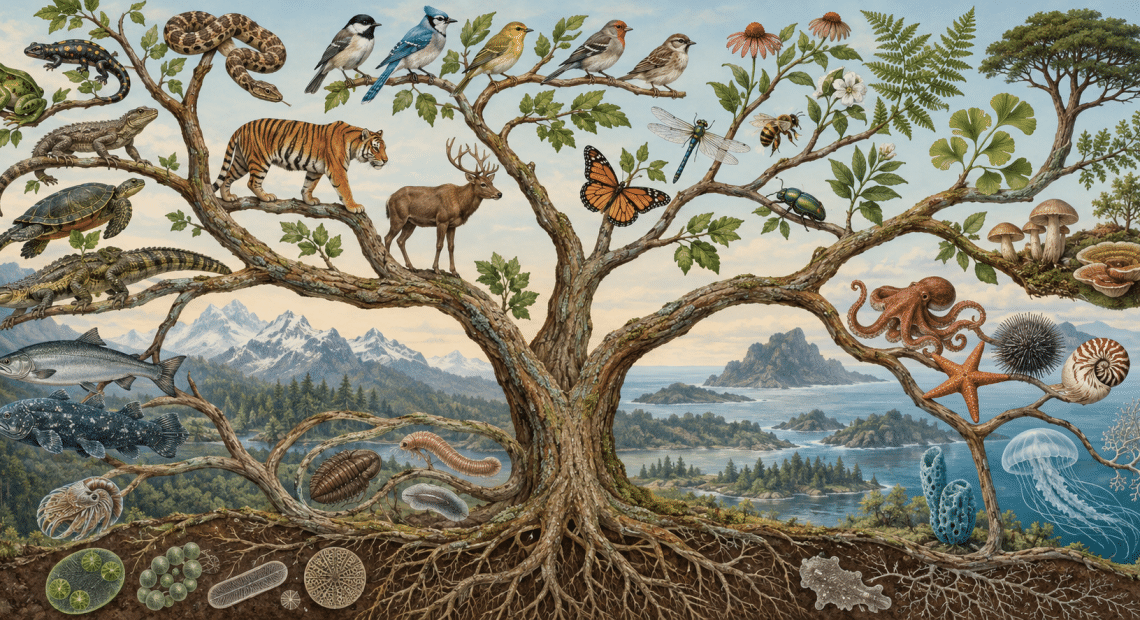 Illustrated branching tree of life with birds, mammals, insects, plants and marine organisms