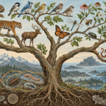 Illustrated branching tree of life with birds, mammals, insects, plants and marine organisms