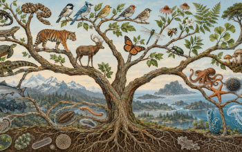 Illustrated branching tree of life with birds, mammals, insects, plants and marine organisms