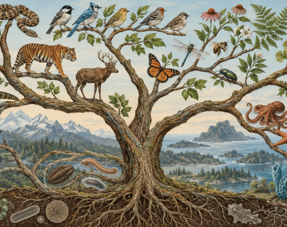 Illustrated branching tree of life with birds, mammals, insects, plants and marine organisms