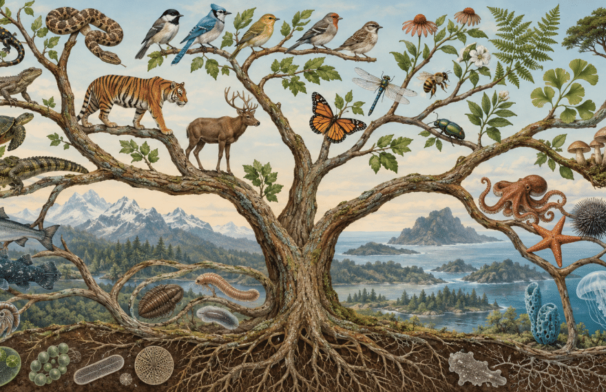 Illustrated branching tree of life with birds, mammals, insects, plants and marine organisms