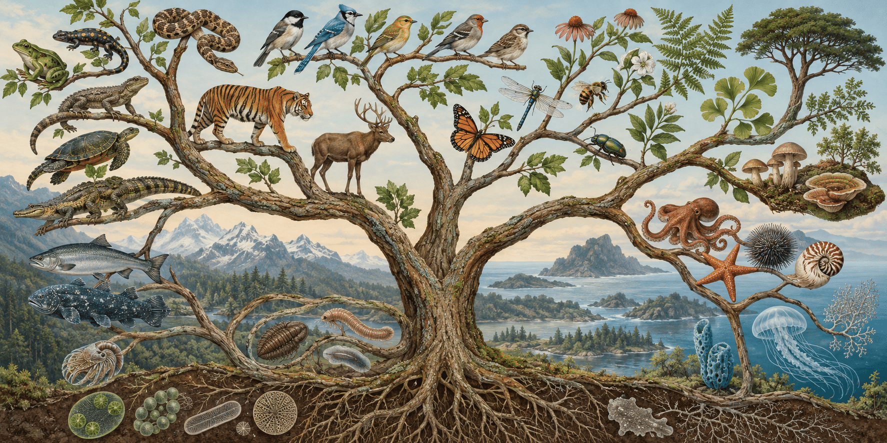 Illustrated branching tree of life with birds, mammals, insects, plants and marine organisms