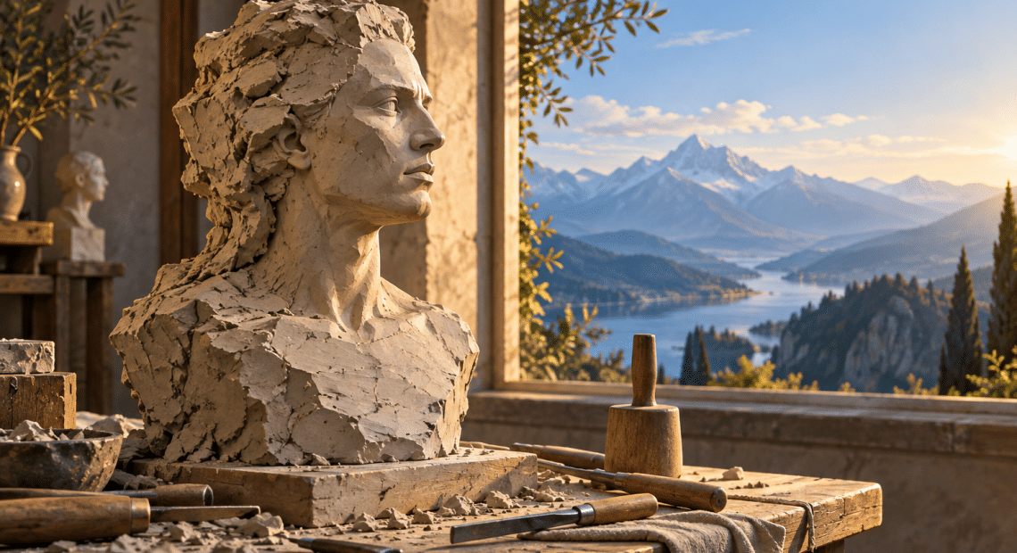 AI-assisted conceptual illustration of an unfinished clay bust on a workbench beside a window overlooking mountains.