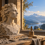 AI-assisted conceptual illustration of an unfinished clay bust on a workbench beside a window overlooking mountains.