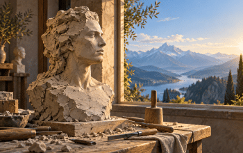 AI-assisted conceptual illustration of an unfinished clay bust on a workbench beside a window overlooking mountains.