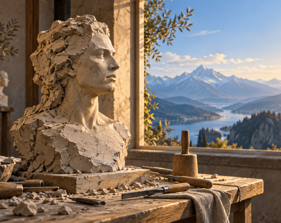 AI-assisted conceptual illustration of an unfinished clay bust on a workbench beside a window overlooking mountains.