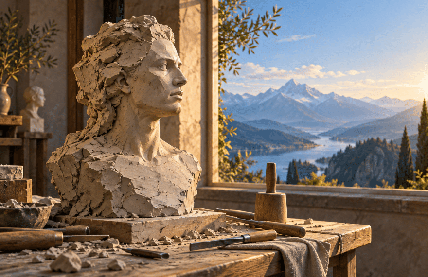 AI-assisted conceptual illustration of an unfinished clay bust on a workbench beside a window overlooking mountains.