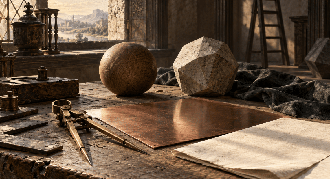 AI-assisted imagined engraving workspace with a drawing compass, geometric forms and a blank copper plate.
