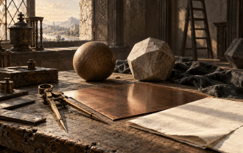 AI-assisted imagined engraving workspace with a drawing compass, geometric forms and a blank copper plate.