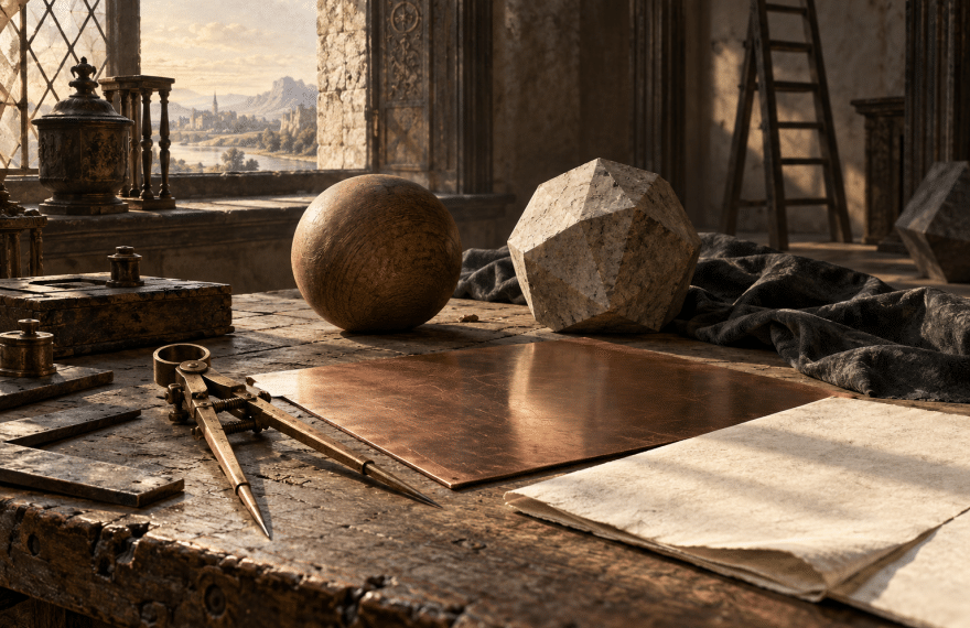 AI-assisted imagined engraving workspace with a drawing compass, geometric forms and a blank copper plate.